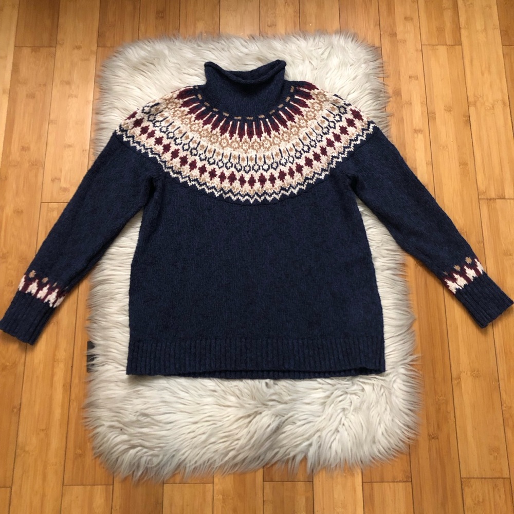 L.L. Bean Fair Isle Nordic Turtleneck Navy Cream Burgundy Sweater size XL